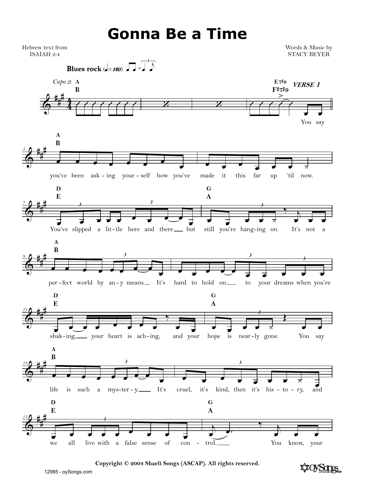 Stacy Beyer Gonna Be a Time Sheet Music Notes & Chords for Real Book – Melody, Lyrics & Chords - Download or Print PDF