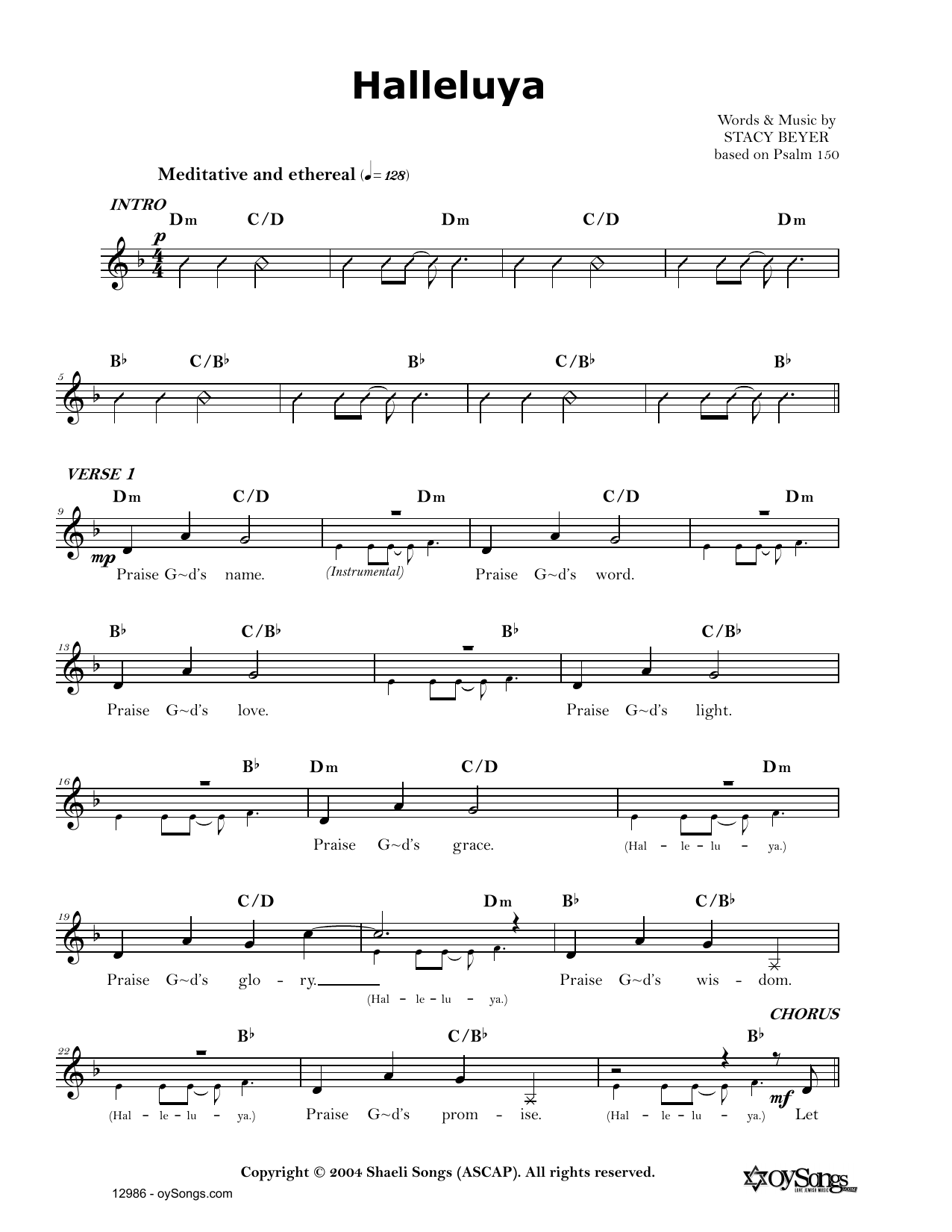 Stacy Beyer Halleluyah Sheet Music Notes & Chords for Real Book – Melody, Lyrics & Chords - Download or Print PDF