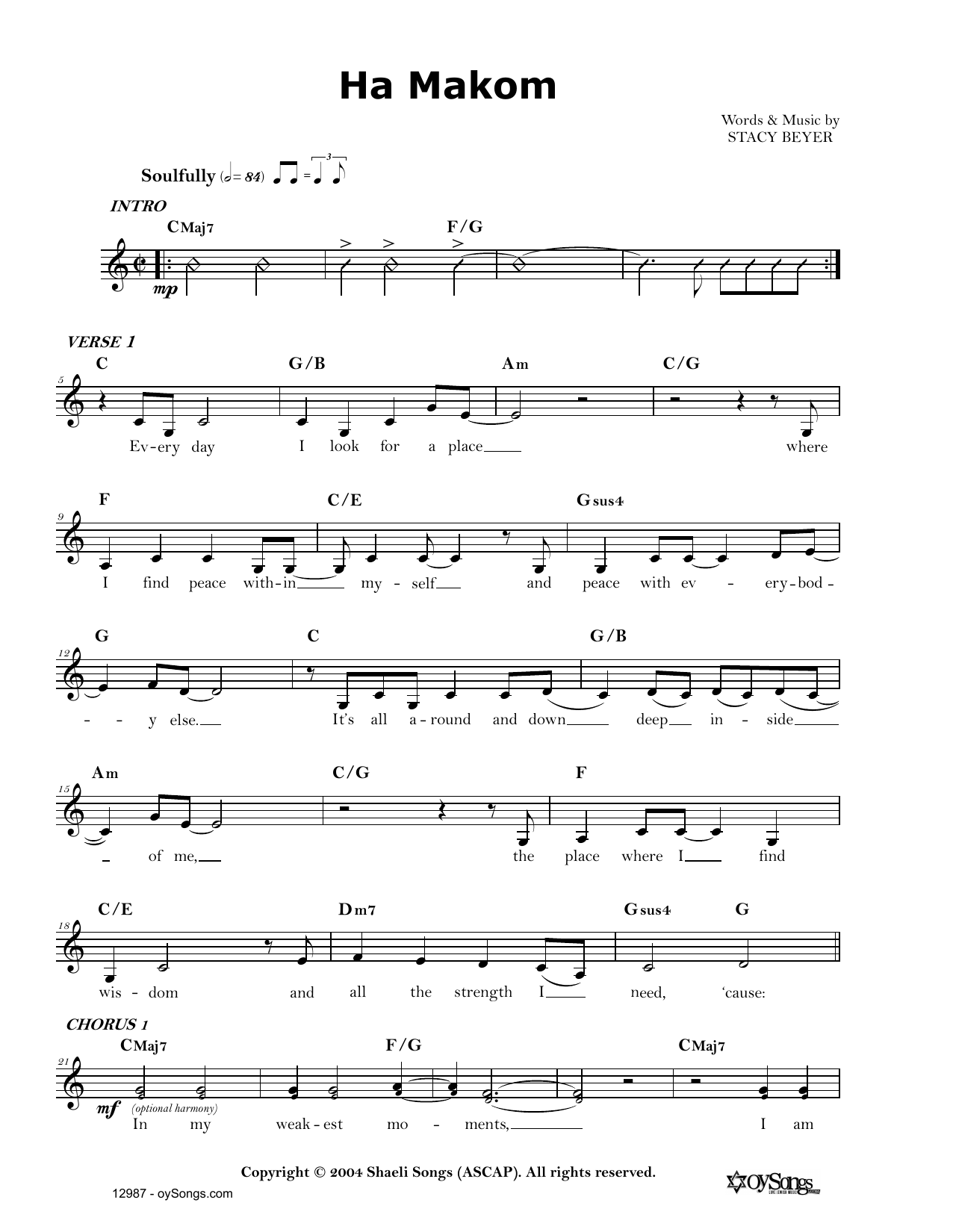 Stacy Beyer HaMakom Sheet Music Notes & Chords for Real Book – Melody, Lyrics & Chords - Download or Print PDF