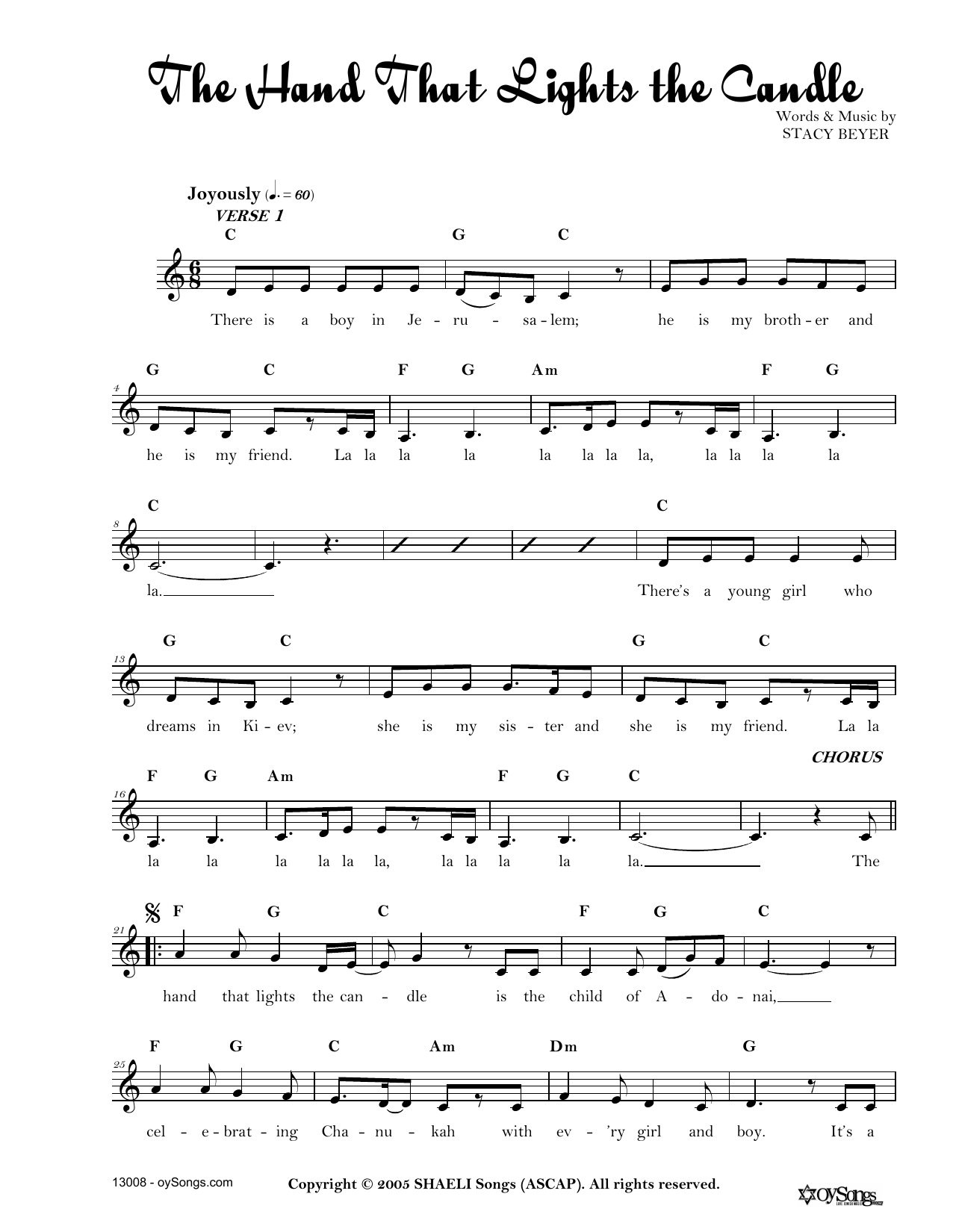 Stacy Beyer Hand That Lights the Candle Sheet Music Notes & Chords for Real Book – Melody, Lyrics & Chords - Download or Print PDF