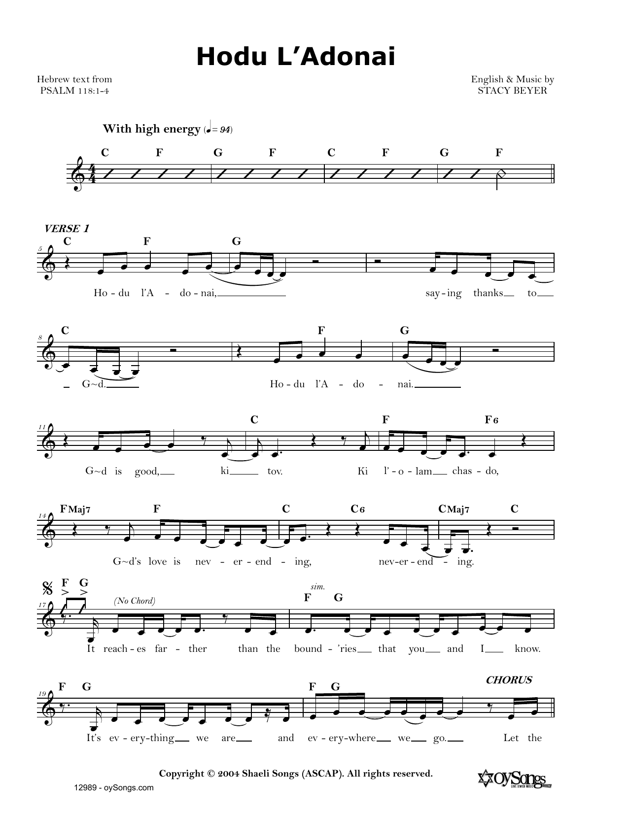 Stacy Beyer Hodu L'Adonai Sheet Music Notes & Chords for Real Book – Melody, Lyrics & Chords - Download or Print PDF