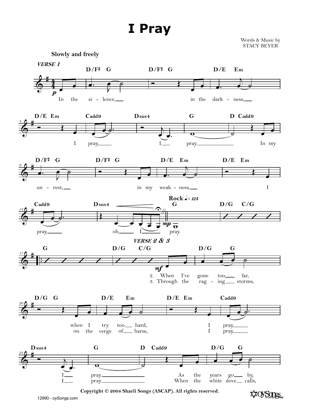 Stacy Beyer I Pray Sheet Music Notes & Chords for Real Book – Melody, Lyrics & Chords - Download or Print PDF