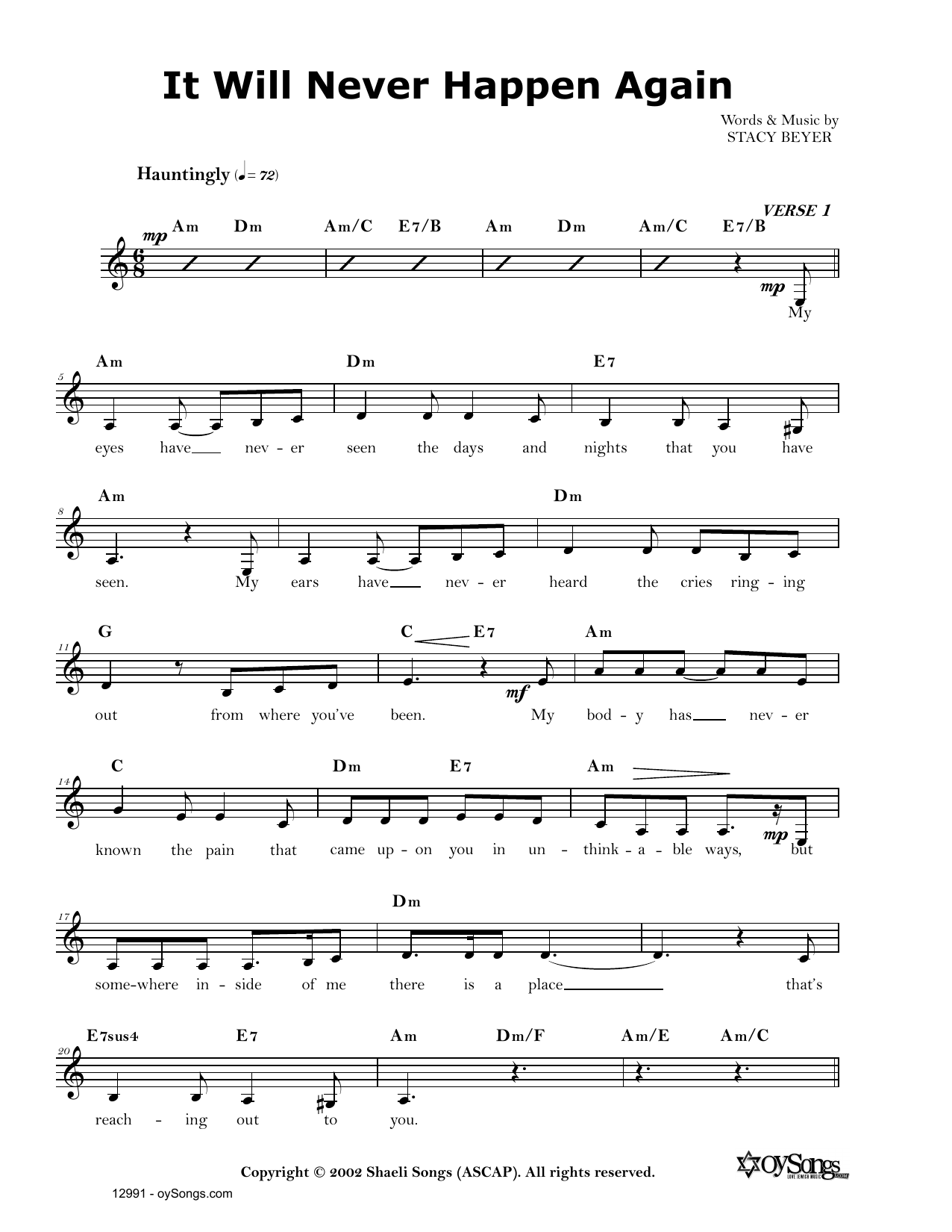Stacy Beyer It Will Never Happen Again Sheet Music Notes & Chords for Real Book – Melody, Lyrics & Chords - Download or Print PDF