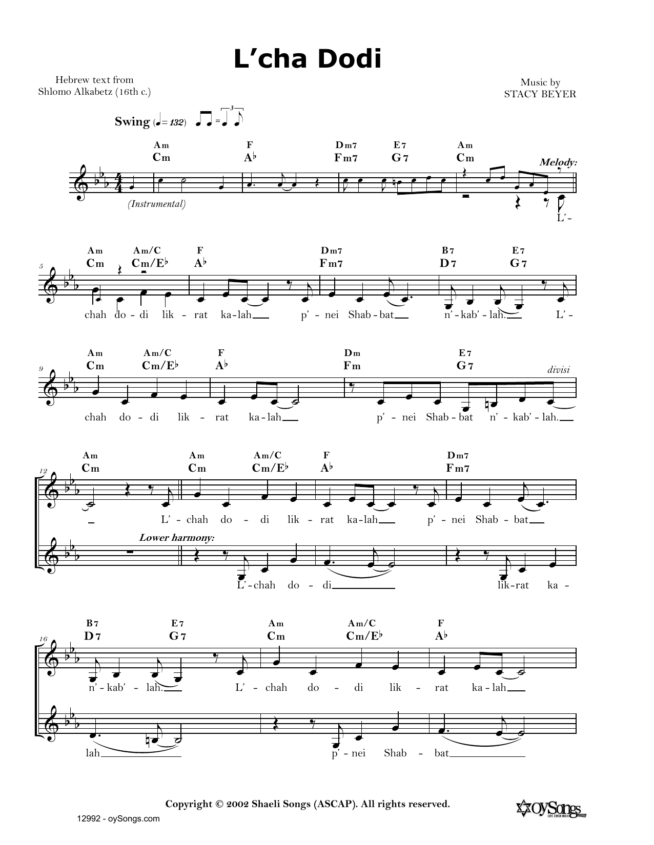 Stacy Beyer L'chah Dodi Sheet Music Notes & Chords for Real Book – Melody, Lyrics & Chords - Download or Print PDF