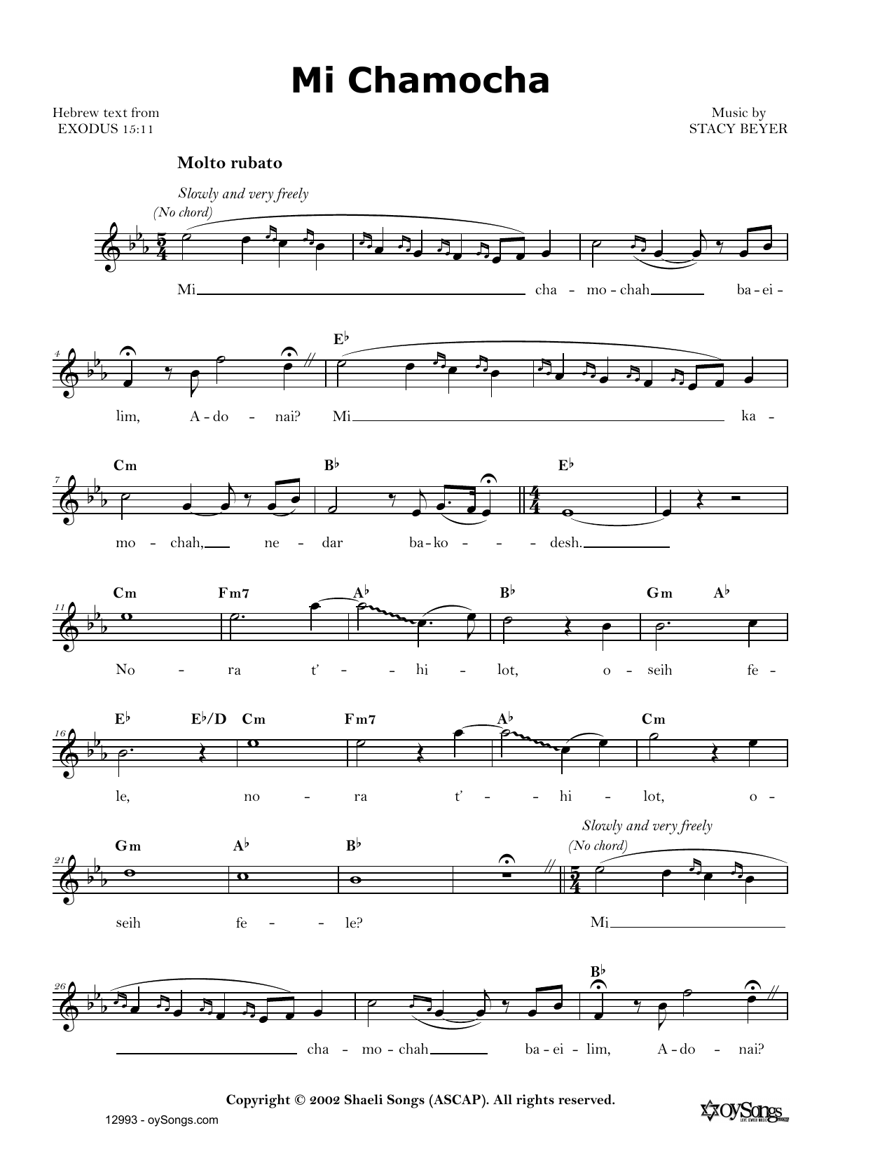 Stacy Beyer Mi Chamocha Sheet Music Notes & Chords for Real Book – Melody, Lyrics & Chords - Download or Print PDF