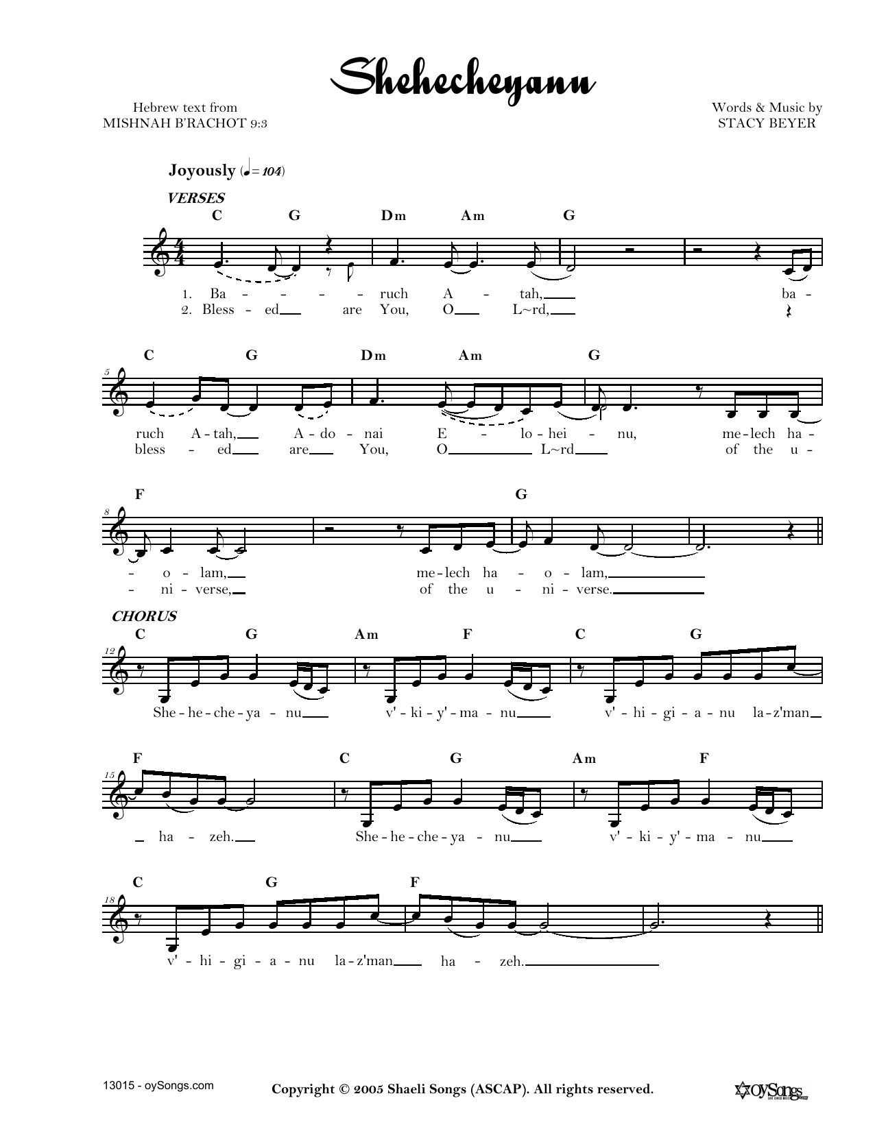 Stacy Beyer Shehecheyanu Sheet Music Notes & Chords for Real Book – Melody, Lyrics & Chords - Download or Print PDF