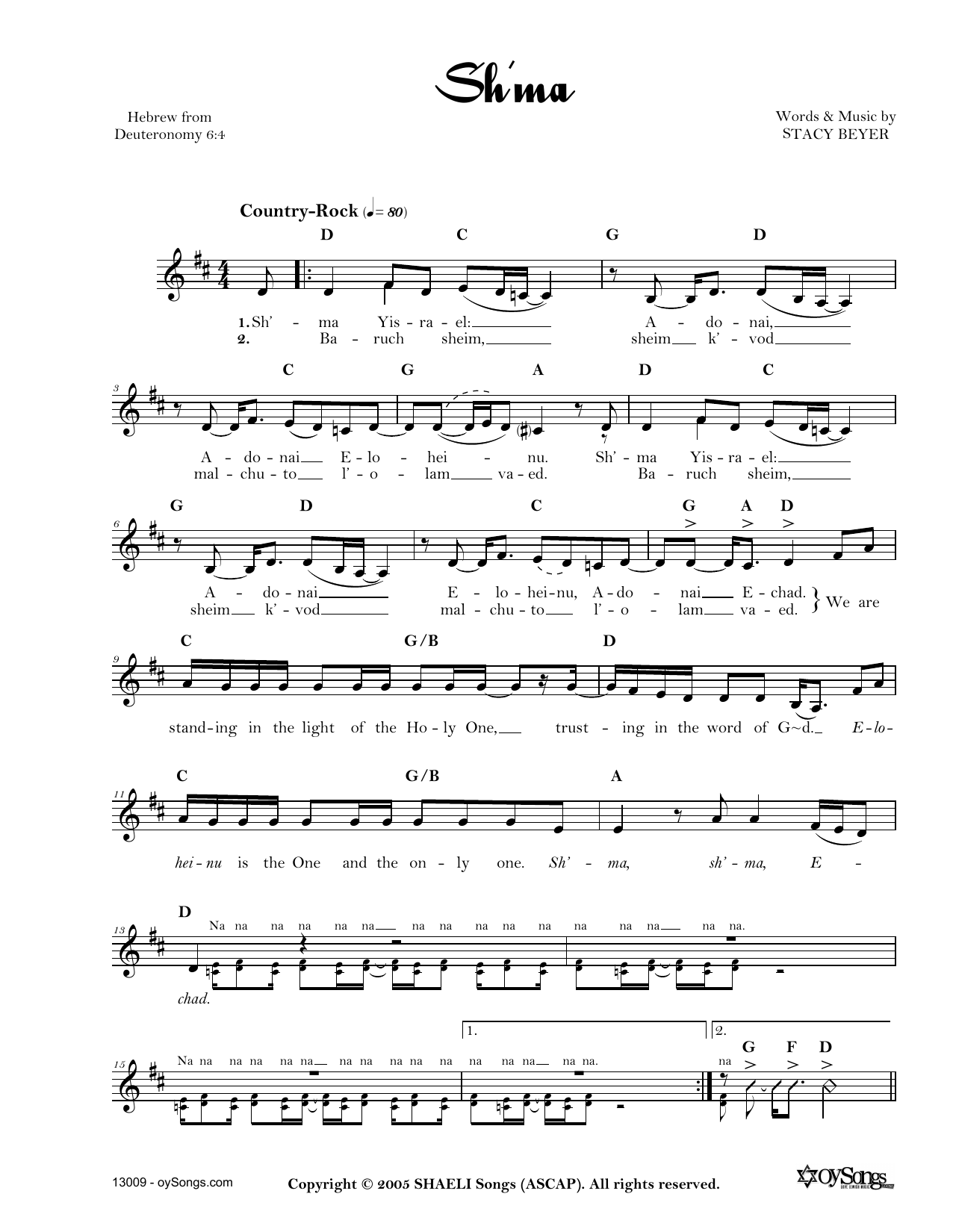 Stacy Beyer Sh'ma Sheet Music Notes & Chords for Real Book – Melody, Lyrics & Chords - Download or Print PDF