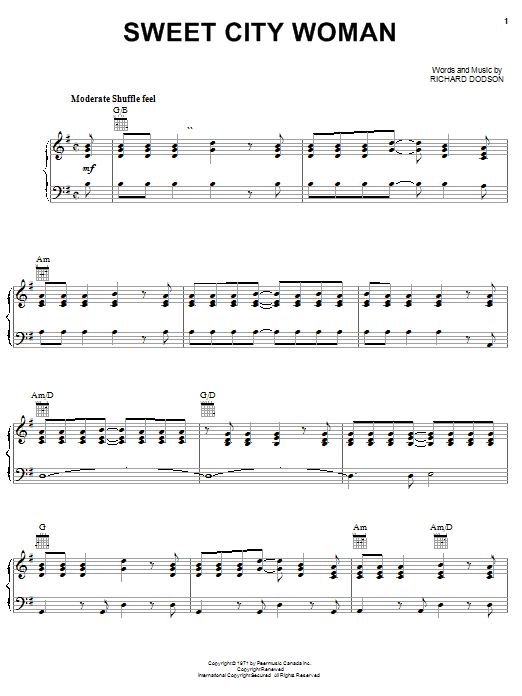 Stampeders Sweet City Woman Sheet Music Notes & Chords for Melody Line, Lyrics & Chords - Download or Print PDF