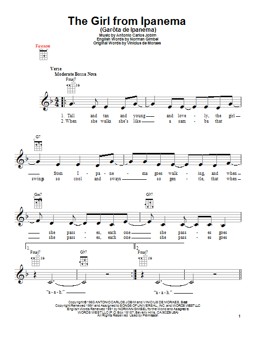 Stan Getz & Astrud Gilberto The Girl From Ipanema (Garôta De Ipanema) Sheet Music Notes & Chords for Ukulele - Download or Print PDF