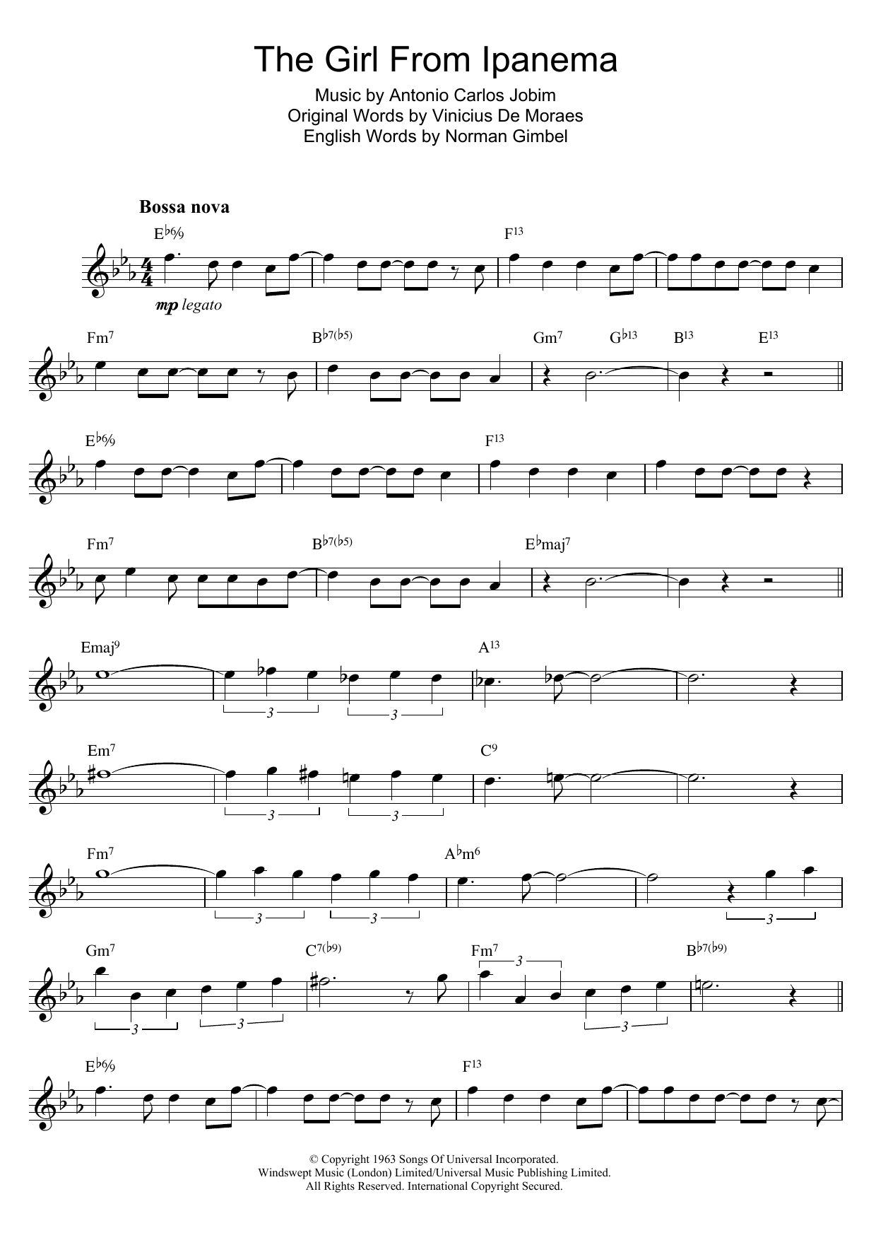 Antonio Carlos Jobim The Girl From Ipanema (Garota De Ipanema) Sheet Music Notes & Chords for Alto Saxophone - Download or Print PDF