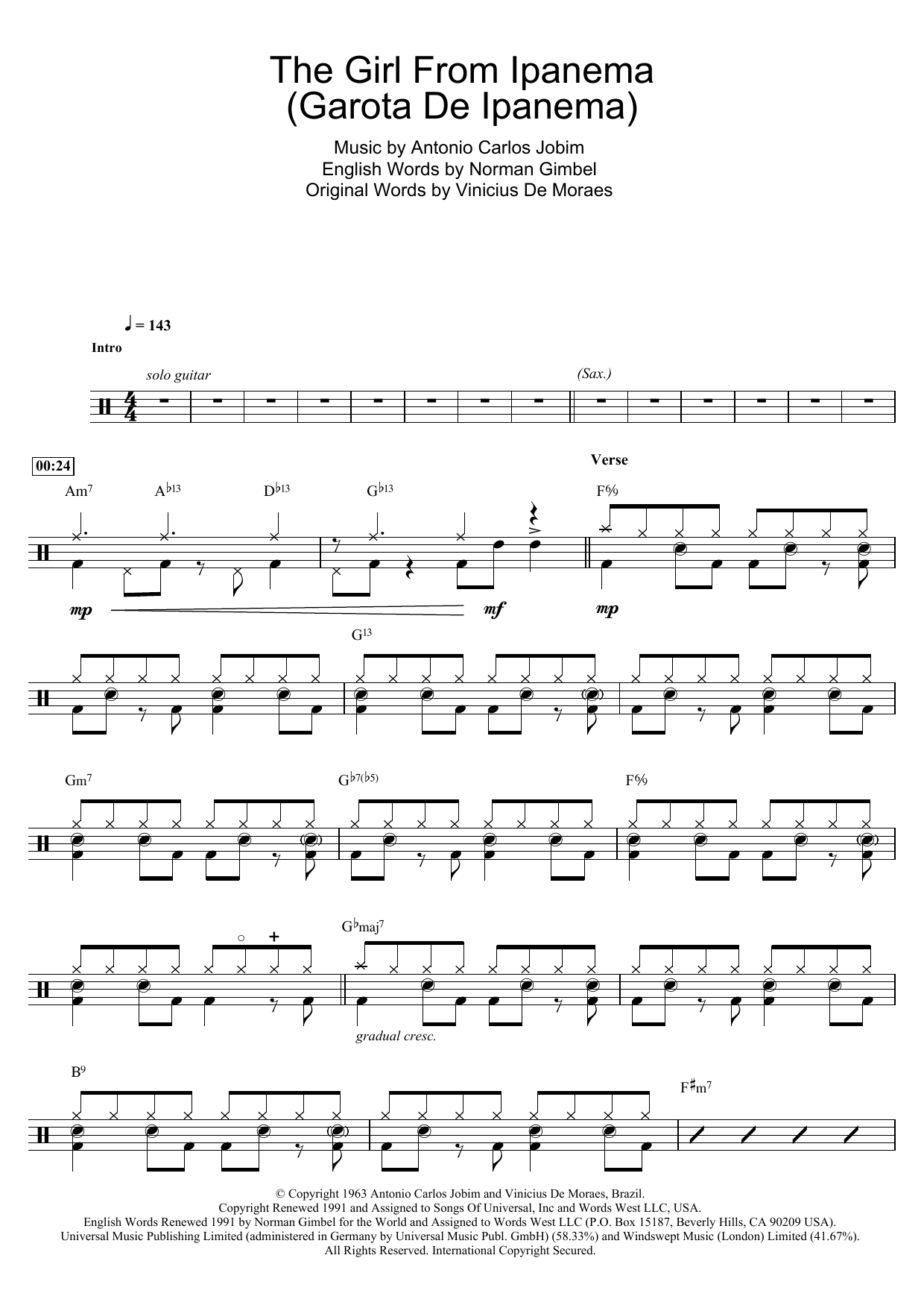 Antonio Carlos Jobim The Girl From Ipanema (Garota De Ipanema) Sheet Music Notes & Chords for Drums - Download or Print PDF