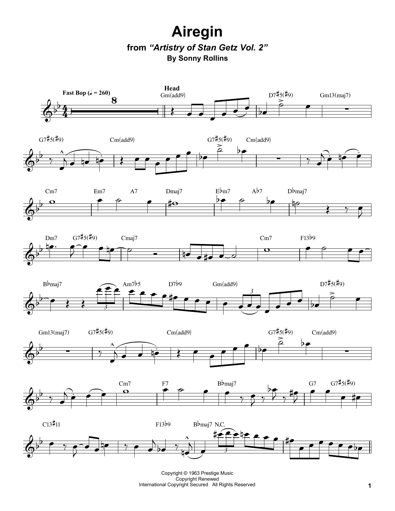Stan Getz Airegin Sheet Music Notes & Chords for Tenor Sax Transcription - Download or Print PDF