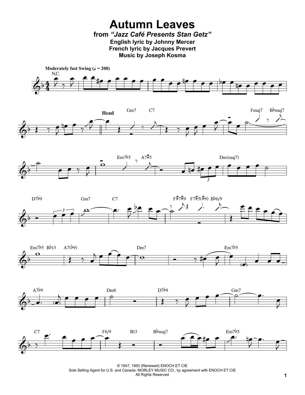 Stan Getz Autumn Leaves Sheet Music Notes & Chords for Alto Sax Transcription - Download or Print PDF
