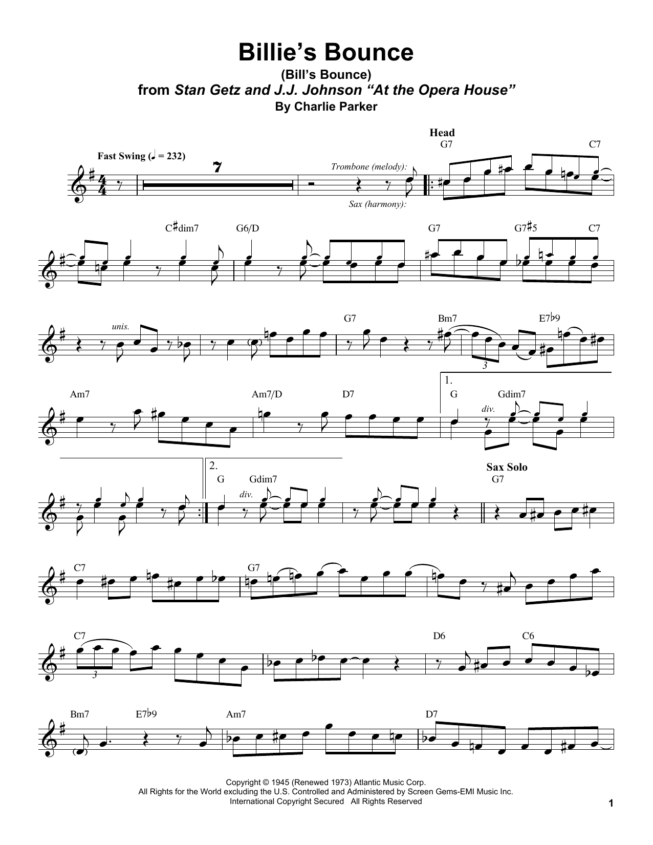 Stan Getz Billie's Bounce (Bill's Bounce) Sheet Music Notes & Chords for Alto Sax Transcription - Download or Print PDF