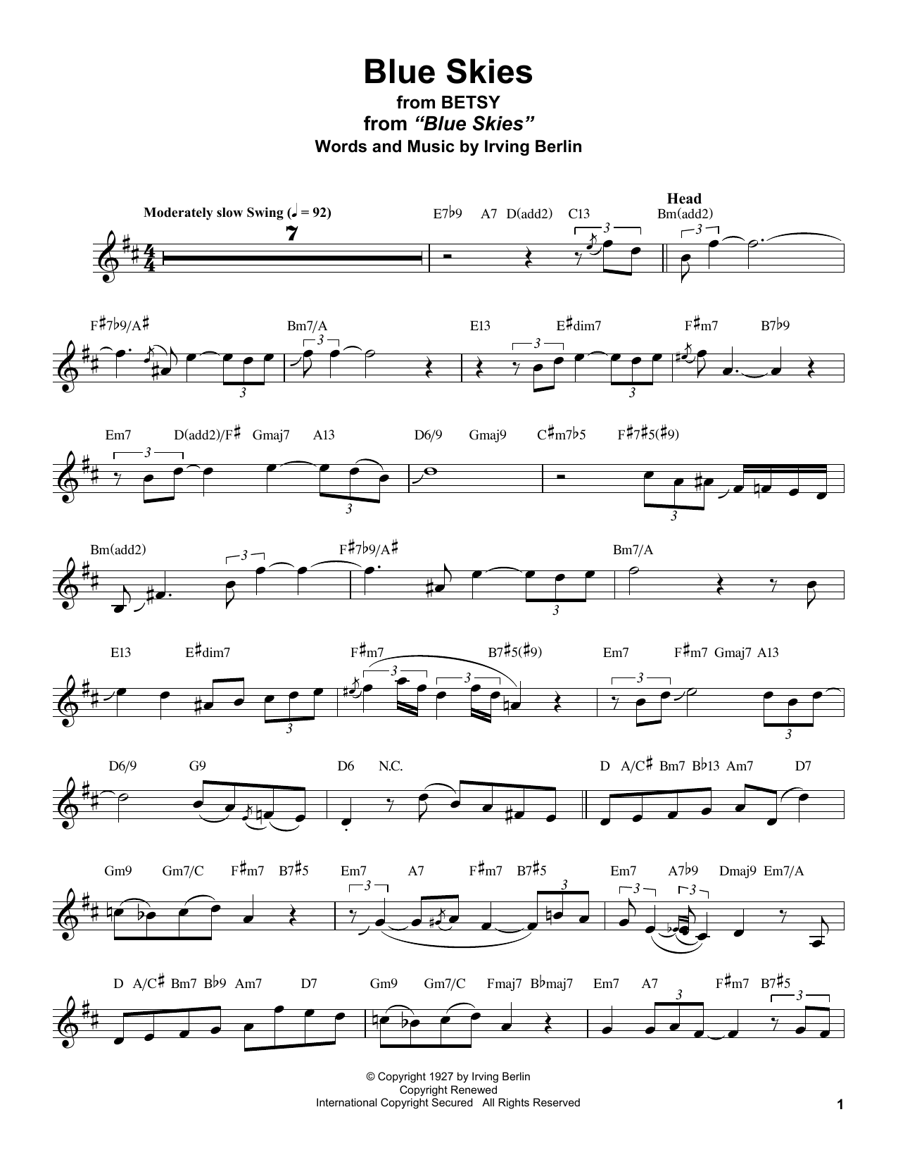 Stan Getz Blue Skies (from Betsy) Sheet Music Notes & Chords for Alto Sax Transcription - Download or Print PDF