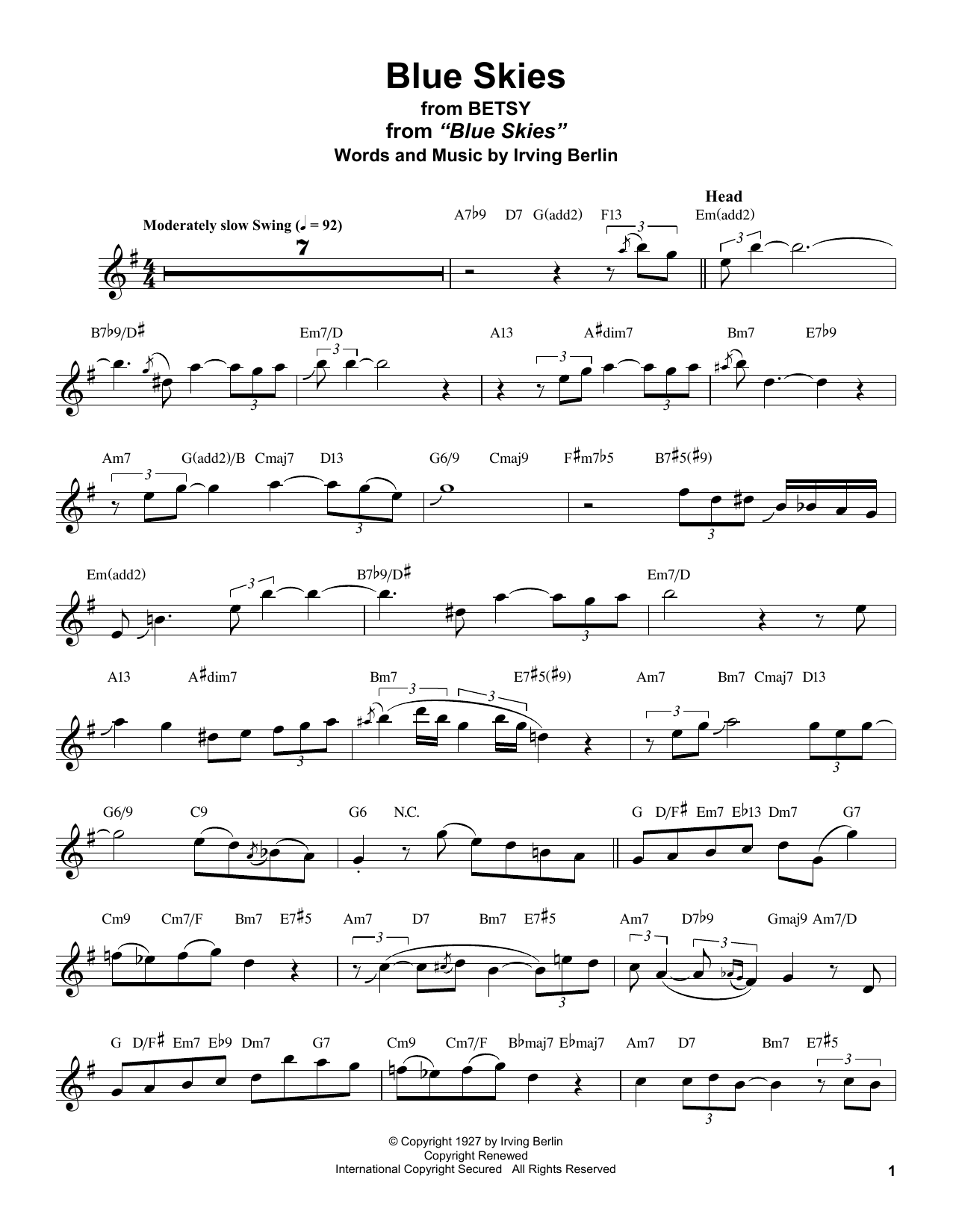 Stan Getz Blue Skies Sheet Music Notes & Chords for Tenor Sax Transcription - Download or Print PDF