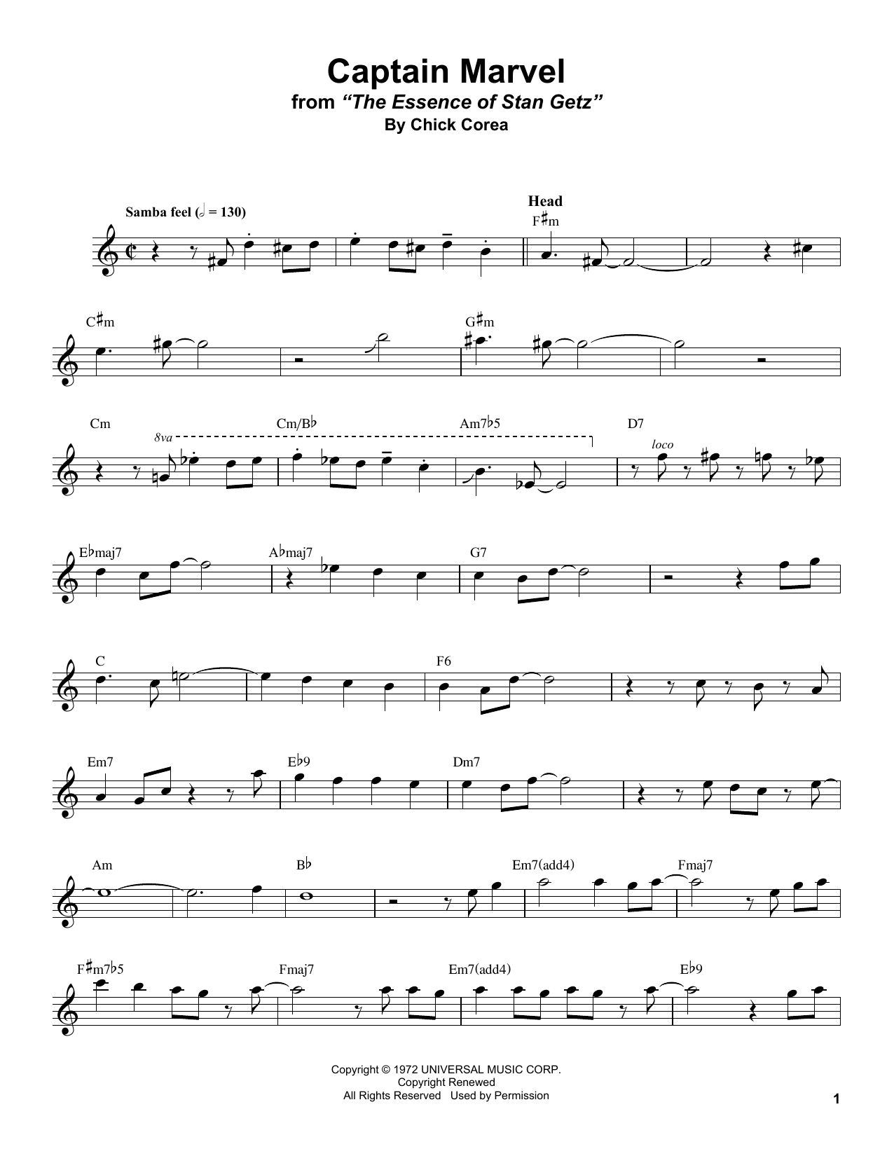 Stan Getz Captain Marvel Sheet Music Notes & Chords for Tenor Sax Transcription - Download or Print PDF