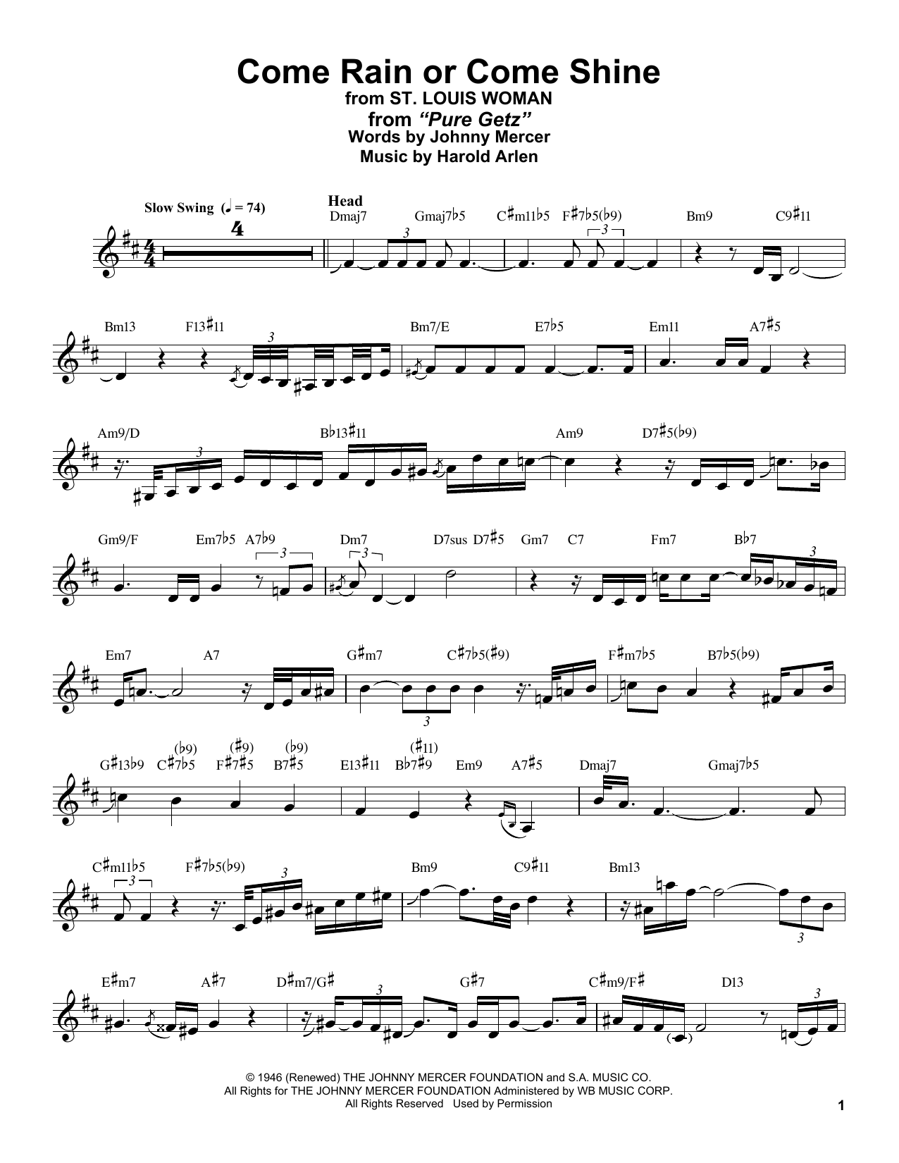 Stan Getz Come Rain Or Come Shine (from St. Louis Woman) Sheet Music Notes & Chords for Alto Sax Transcription - Download or Print PDF