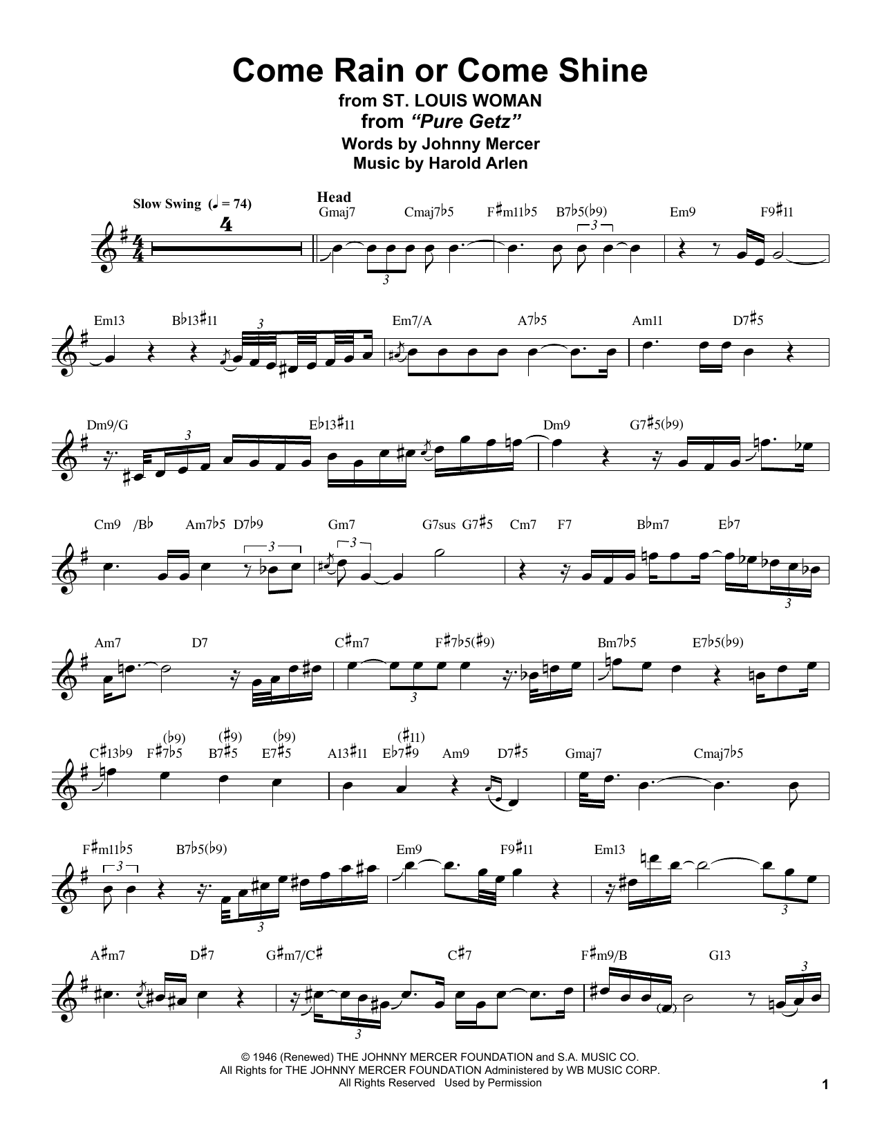 Stan Getz Come Rain Or Come Shine Sheet Music Notes & Chords for Tenor Sax Transcription - Download or Print PDF