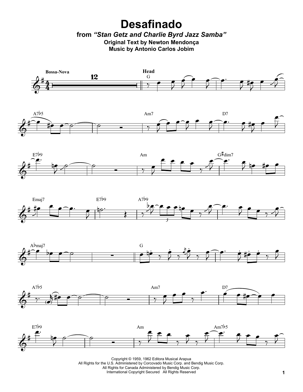 Stan Getz Desafinado Sheet Music Notes & Chords for Tenor Sax Transcription - Download or Print PDF