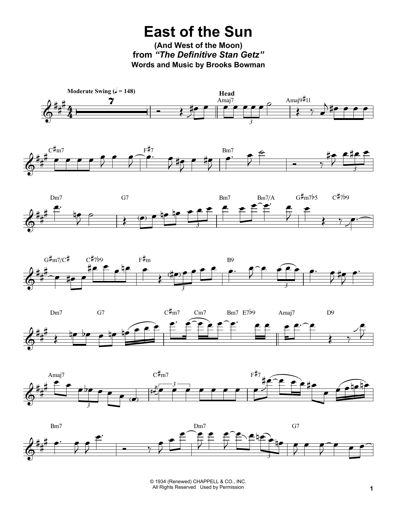 Stan Getz East Of The Sun (And West Of The Moon) Sheet Music Notes & Chords for Alto Sax Transcription - Download or Print PDF