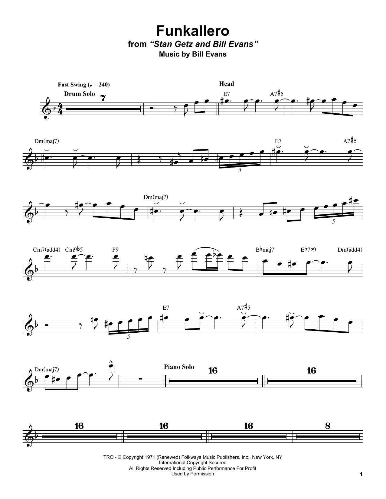 Stan Getz Funkallero Sheet Music Notes & Chords for Alto Sax Transcription - Download or Print PDF