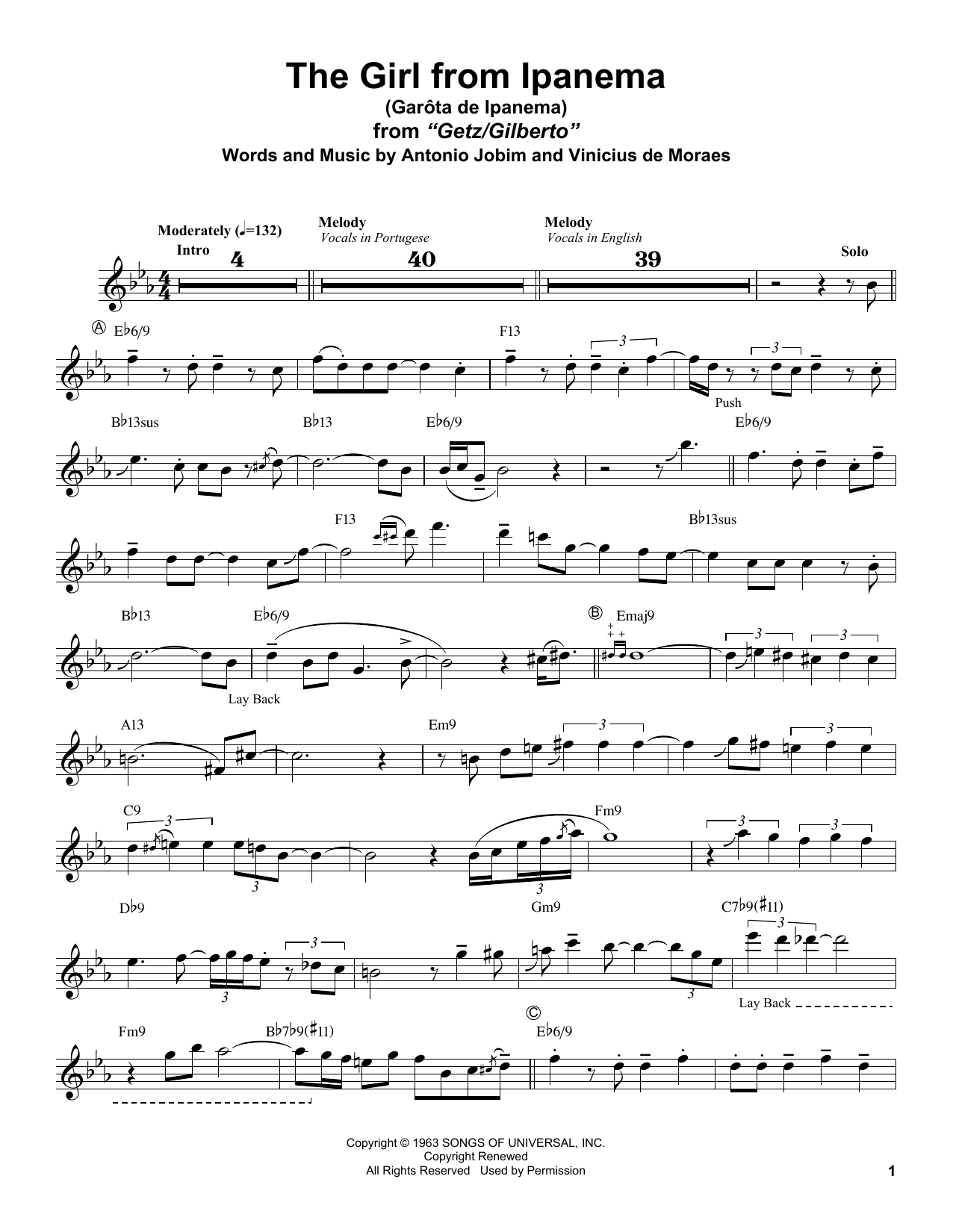 Stan Getz Garota De Ipanema Sheet Music Notes & Chords for Alto Sax Transcription - Download or Print PDF