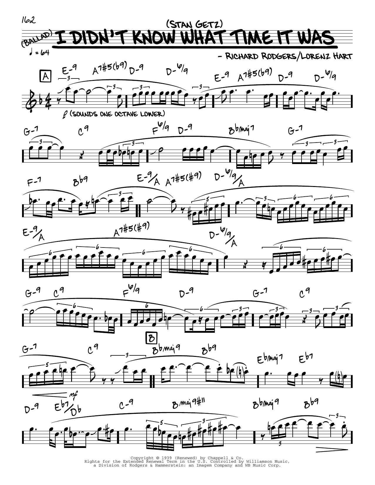 Stan Getz I Didn't Know What Time It Was (solo only) Sheet Music Notes & Chords for Real Book – Melody & Chords - Download or Print PDF