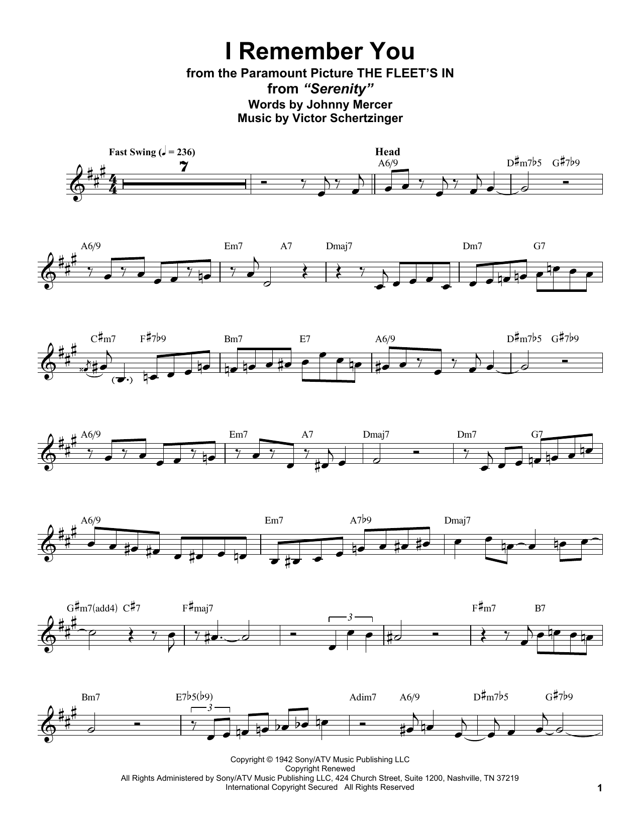 Stan Getz I Remember You (from The Fleet's In) Sheet Music Notes & Chords for Alto Sax Transcription - Download or Print PDF