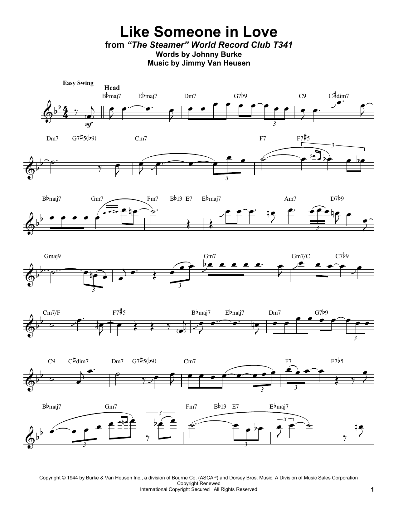 Stan Getz Like Someone In Love Sheet Music Notes & Chords for Tenor Sax Transcription - Download or Print PDF
