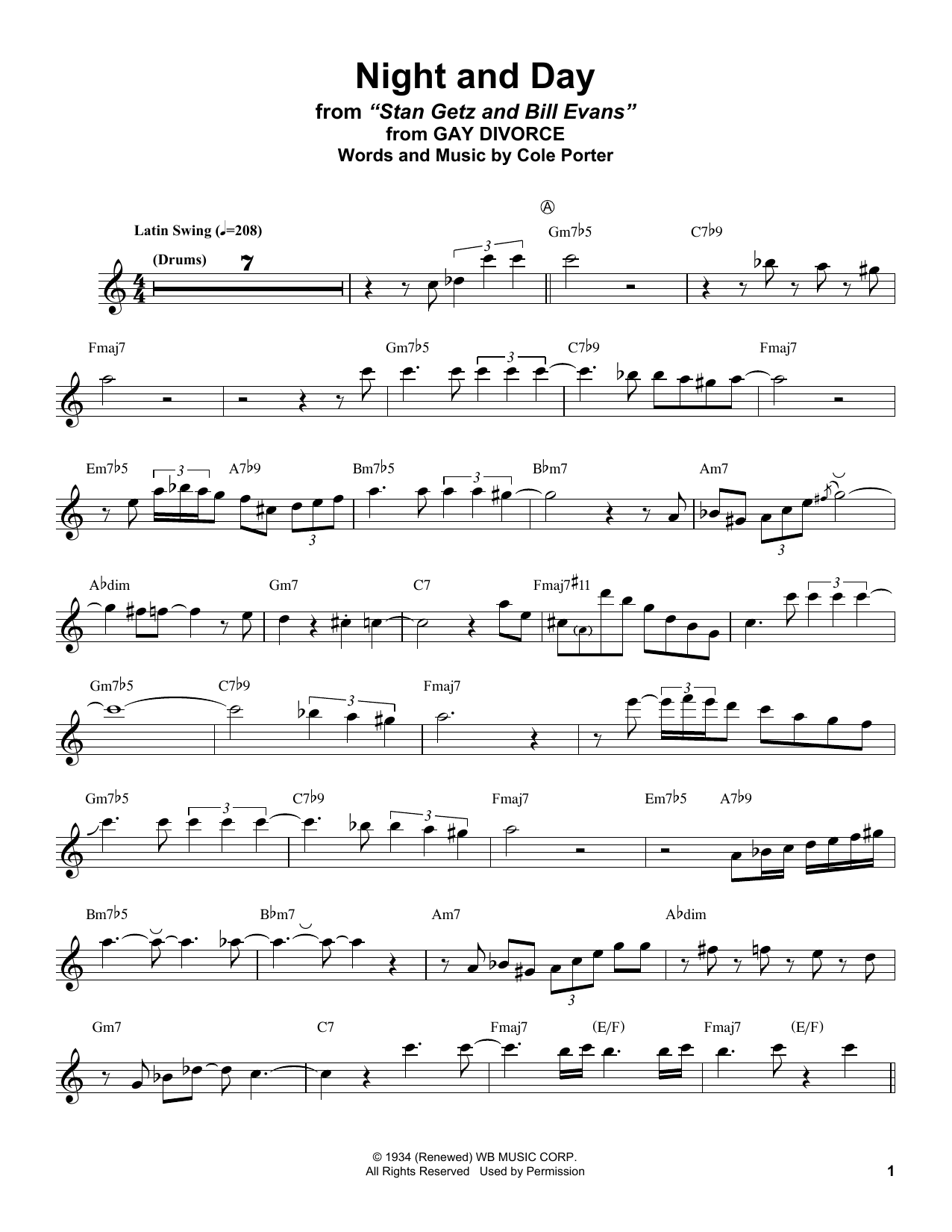 Stan Getz Night And Day Sheet Music Notes & Chords for Alto Sax Transcription - Download or Print PDF