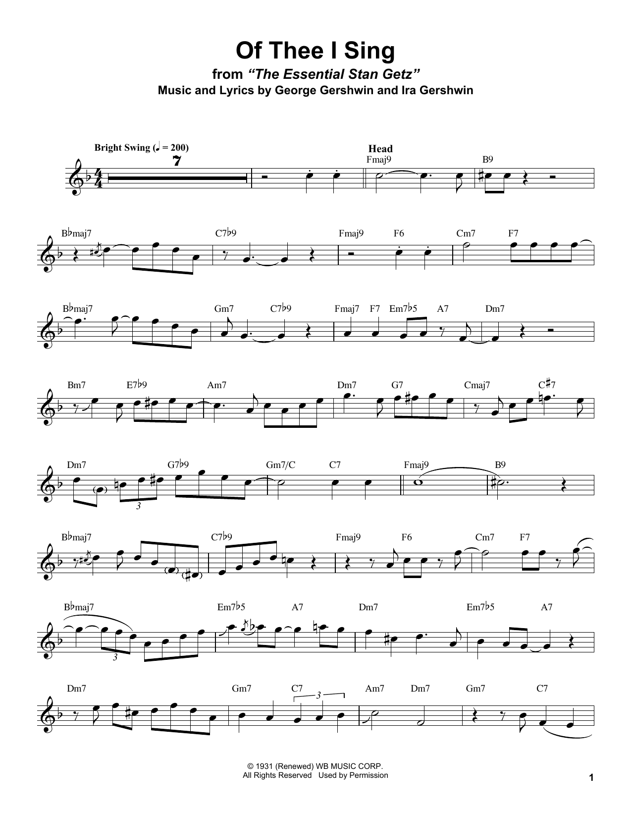 Stan Getz Of Thee I Sing Sheet Music Notes & Chords for Alto Sax Transcription - Download or Print PDF
