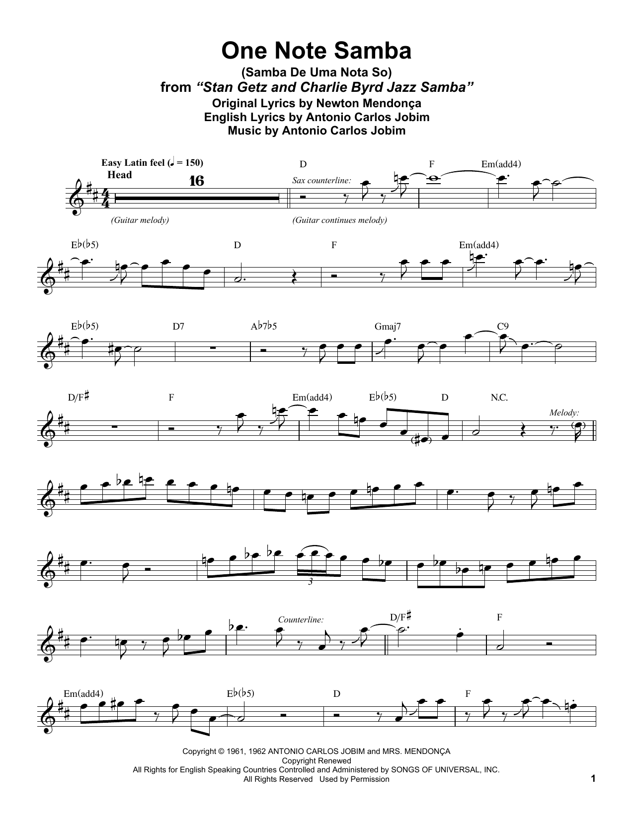 Stan Getz One Note Samba (Samba De Uma Nota So) Sheet Music Notes & Chords for Alto Sax Transcription - Download or Print PDF