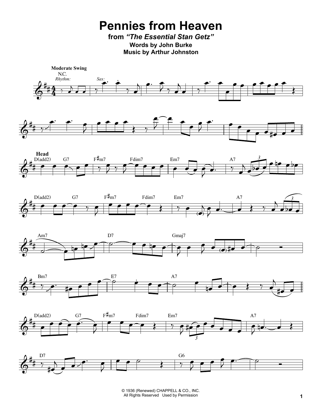 Stan Getz Pennies From Heaven Sheet Music Notes & Chords for Alto Sax Transcription - Download or Print PDF
