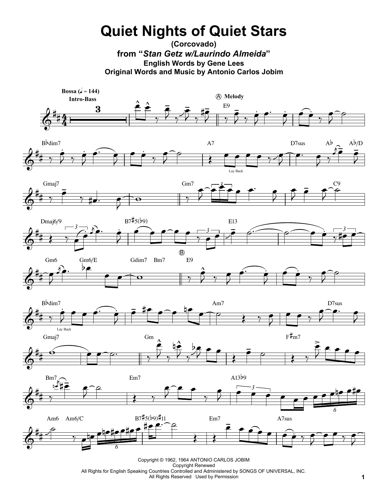 Stan Getz Quiet Nights Of Quiet Stars (Corcovado) Sheet Music Notes & Chords for Alto Sax Transcription - Download or Print PDF