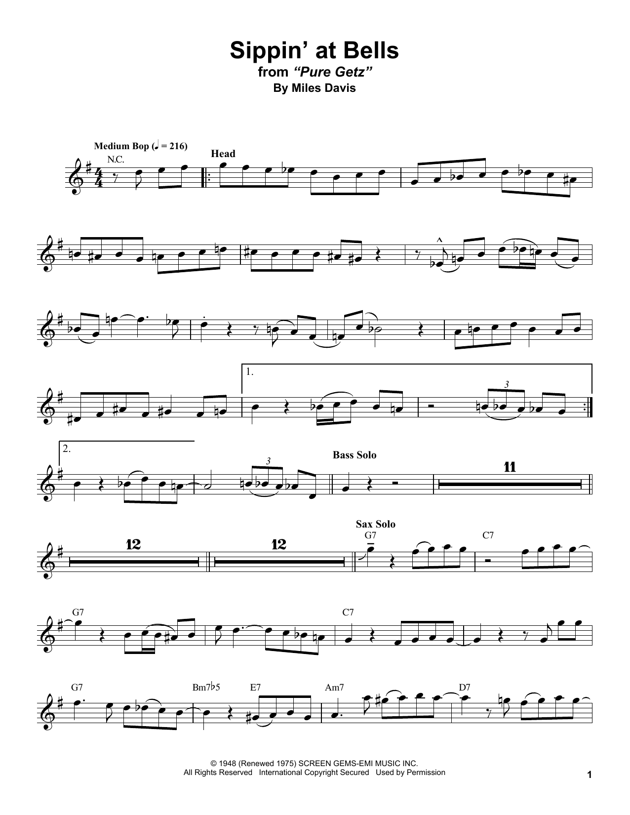 Stan Getz Sippin' At Bells Sheet Music Notes & Chords for Tenor Sax Transcription - Download or Print PDF