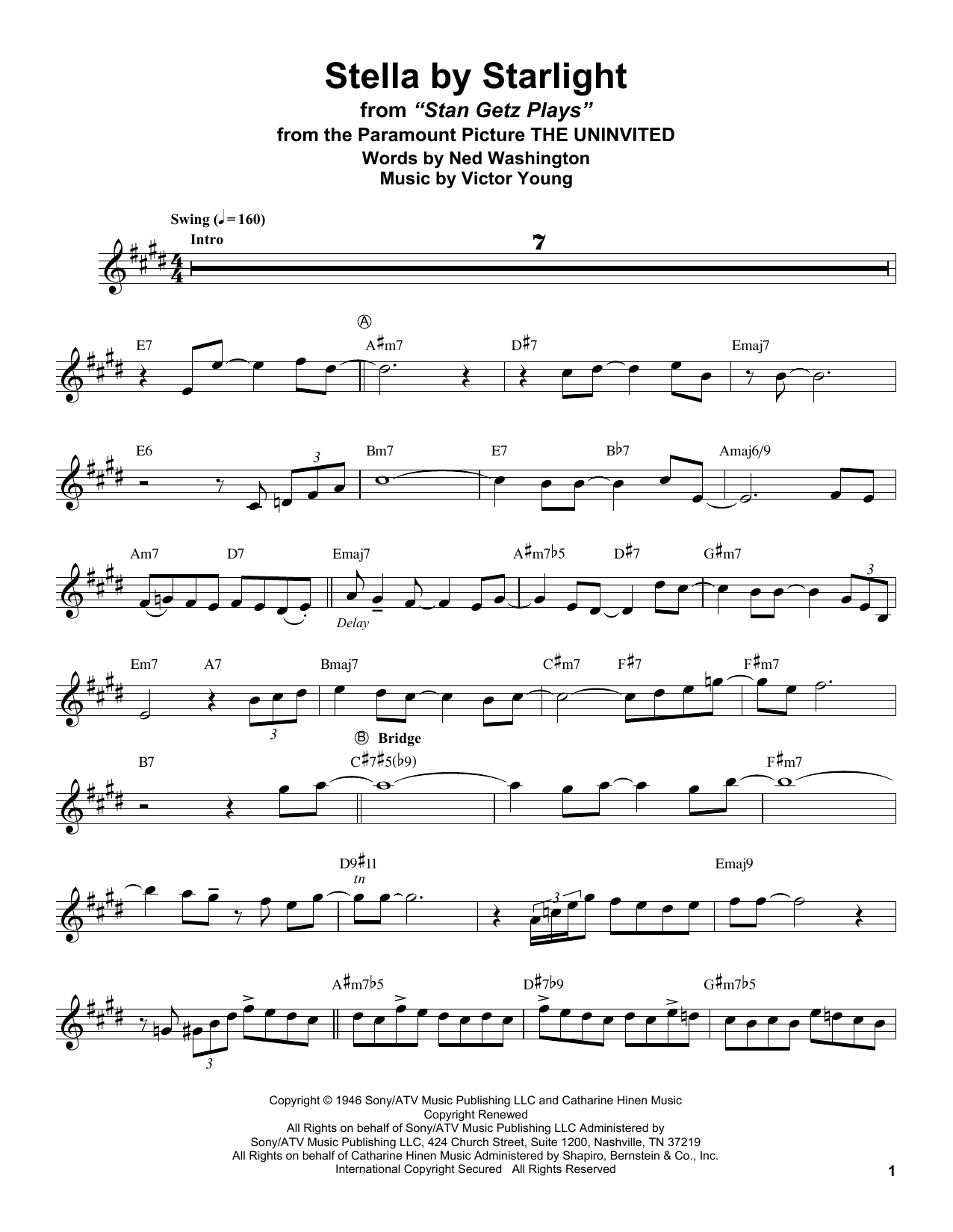 Stan Getz Stella By Starlight (from The Uninvited) Sheet Music Notes & Chords for Alto Sax Transcription - Download or Print PDF