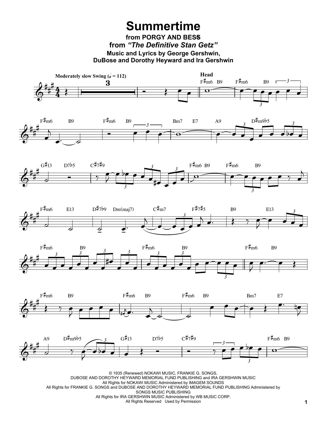 Stan Getz Summertime (from Porgy and Bess) Sheet Music Notes & Chords for Alto Sax Transcription - Download or Print PDF