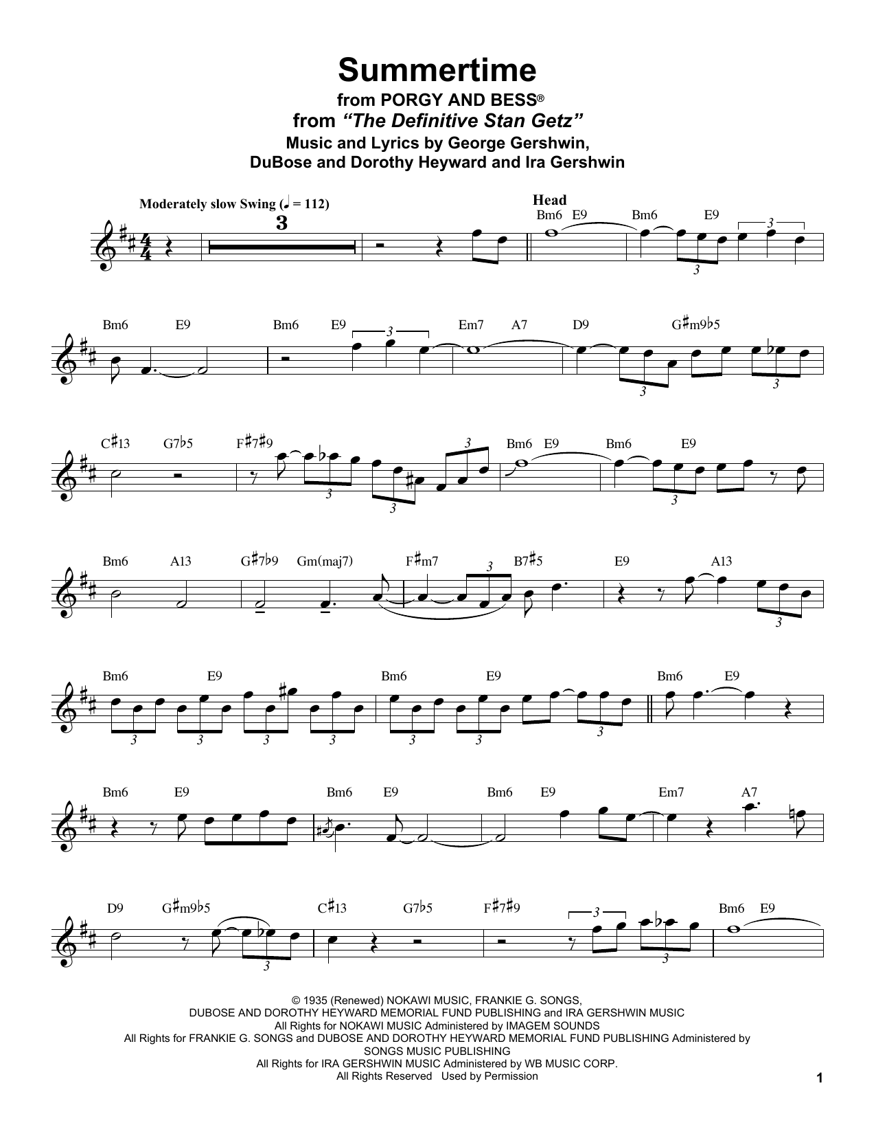 Stan Getz Summertime Sheet Music Notes & Chords for Tenor Sax Transcription - Download or Print PDF
