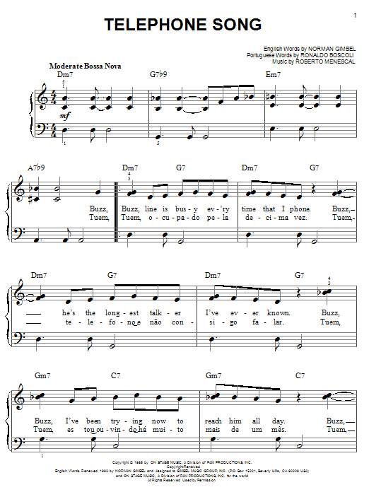 Norman Gimbel Telephone Song Sheet Music Notes & Chords for Melody Line, Lyrics & Chords - Download or Print PDF