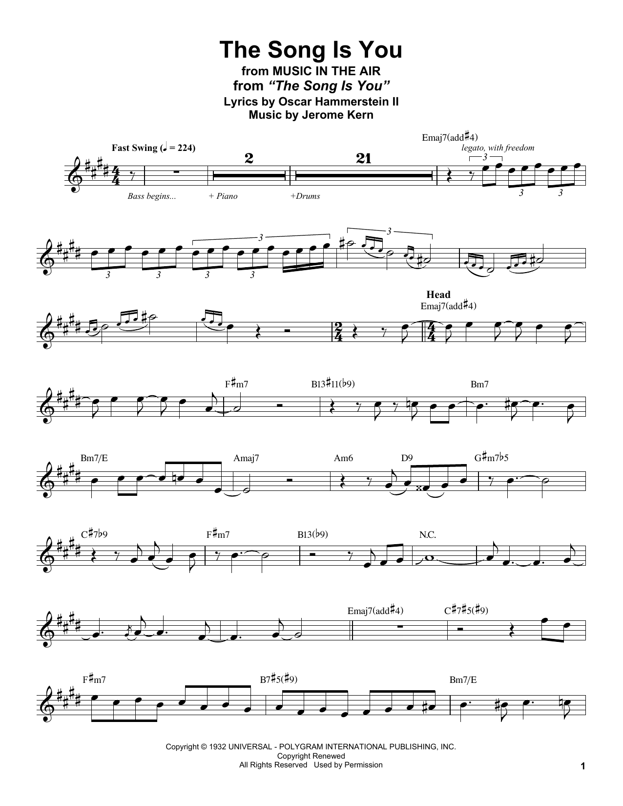 Stan Getz The Song Is You (from Music In The Air) Sheet Music Notes & Chords for Alto Sax Transcription - Download or Print PDF