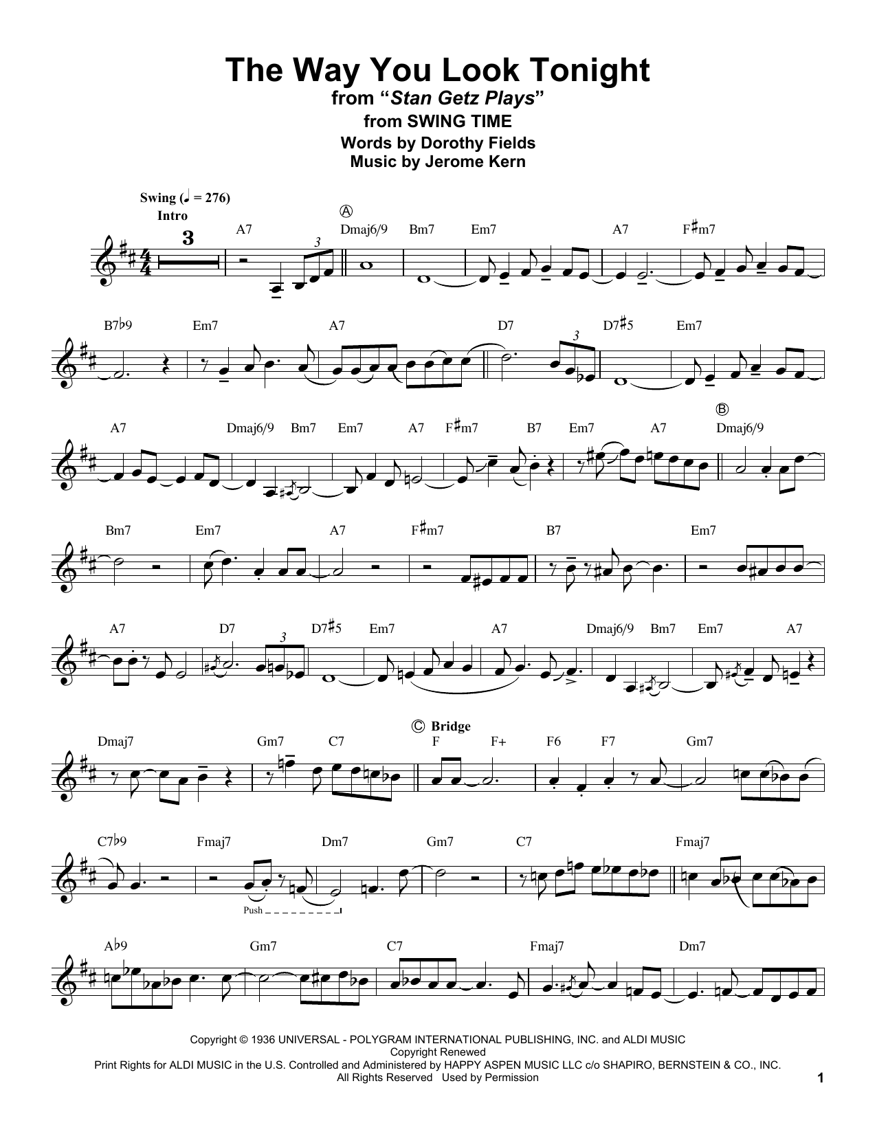 Stan Getz The Way You Look Tonight (from Swing Time) Sheet Music Notes & Chords for Alto Sax Transcription - Download or Print PDF