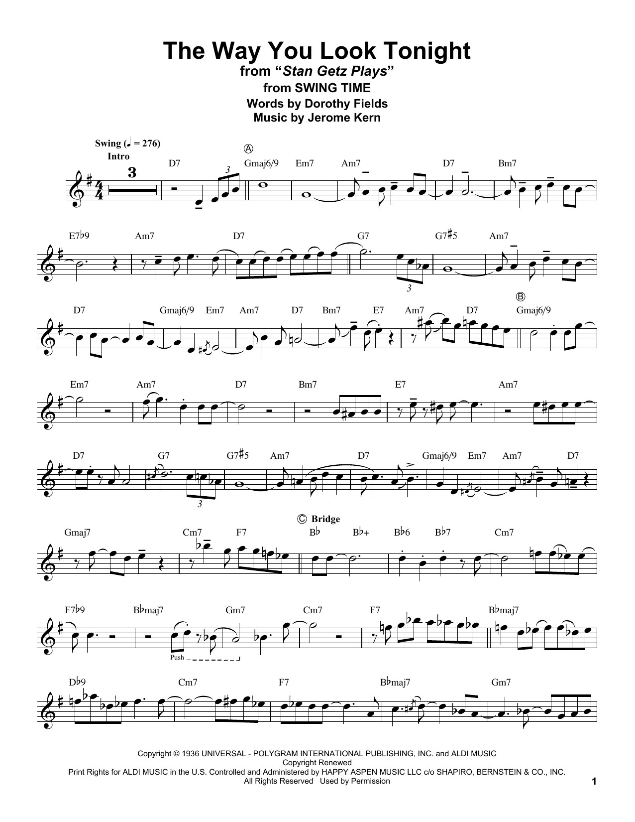 Stan Getz The Way You Look Tonight Sheet Music Notes & Chords for Tenor Sax Transcription - Download or Print PDF