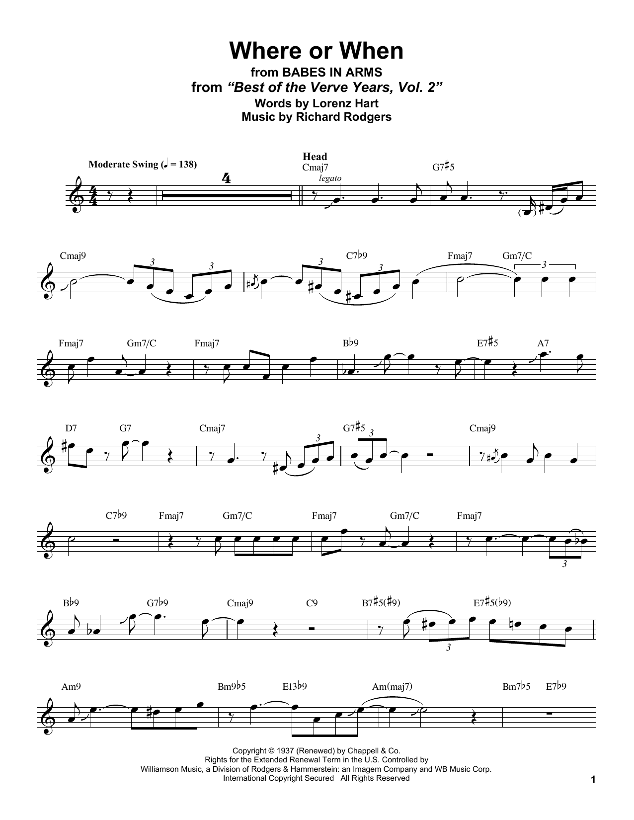 Stan Getz Where Or When (from Babes In Arms) Sheet Music Notes & Chords for Alto Sax Transcription - Download or Print PDF