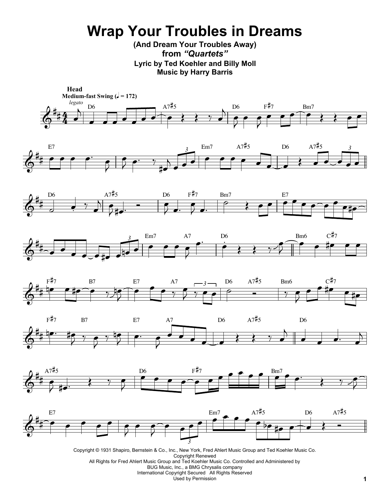 Stan Getz Wrap Your Troubles In Dreams (And Dream Your Troubles Away) Sheet Music Notes & Chords for Alto Sax Transcription - Download or Print PDF