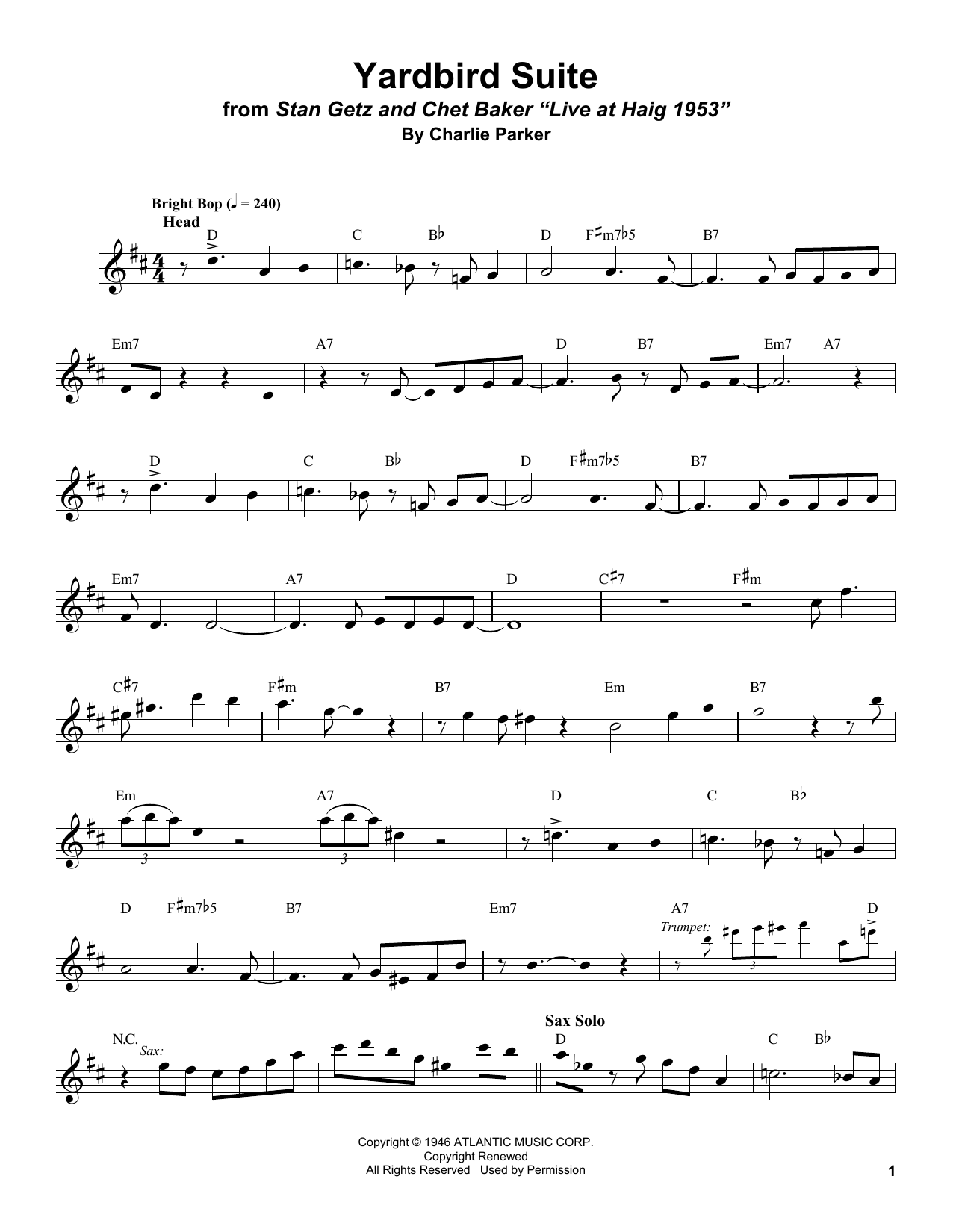 Stan Getz Yardbird Suite Sheet Music Notes & Chords for Alto Sax Transcription - Download or Print PDF