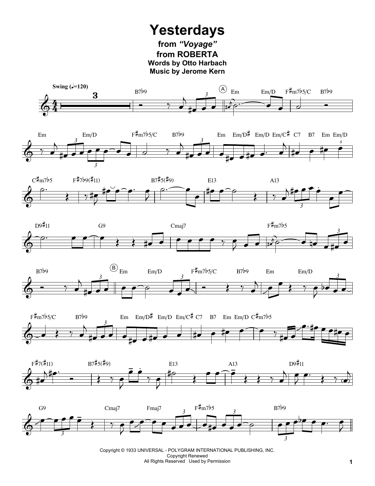 Stan Getz Yesterdays (from Roberta) Sheet Music Notes & Chords for Tenor Sax Transcription - Download or Print PDF