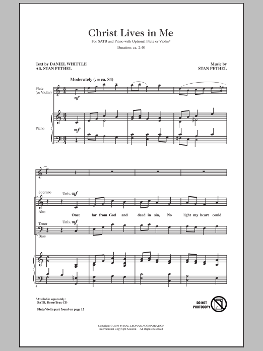 Stan Pethel Christ Lives In Me Sheet Music Notes & Chords for SATB - Download or Print PDF