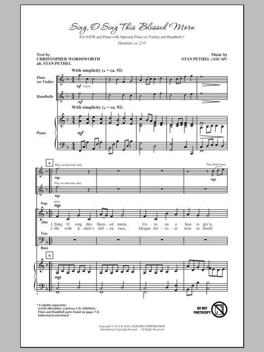 Stan Pethel Sing, O Sing This Blessed Morn Sheet Music Notes & Chords for SATB - Download or Print PDF