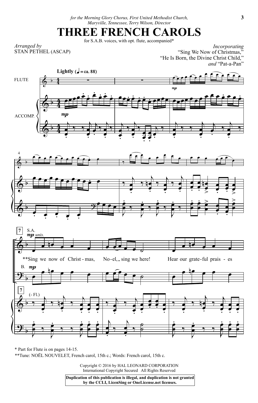 Stan Pethel Three French Carols Sheet Music Notes & Chords for Choral - Download or Print PDF